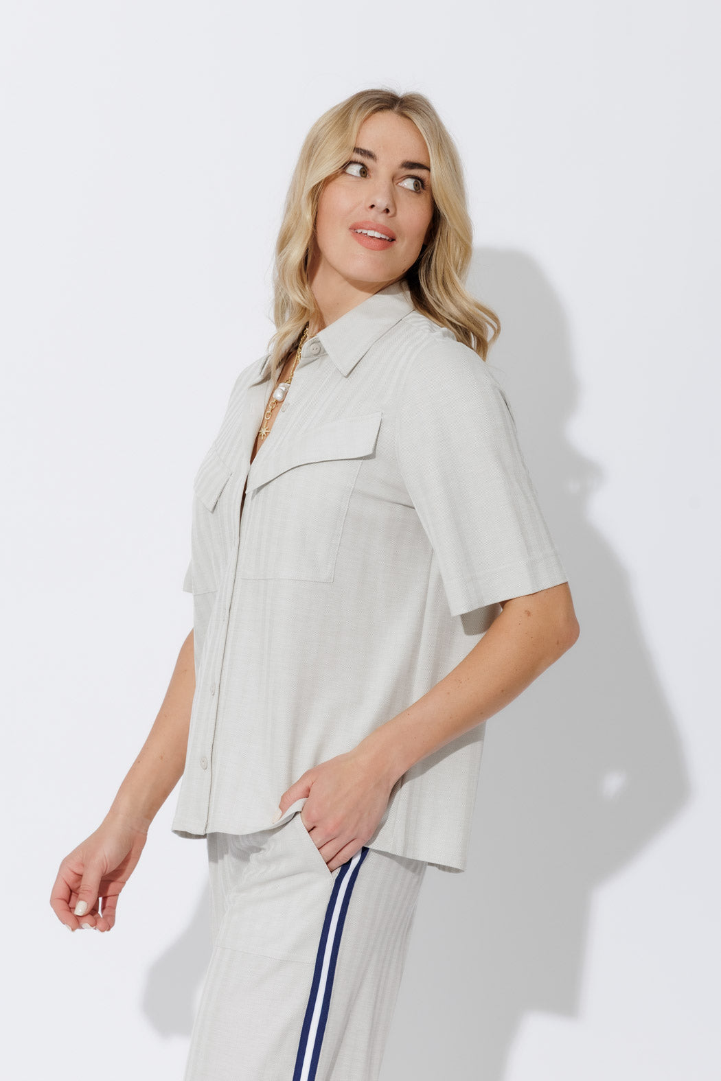 Stone Herringbone Pocket Shirt