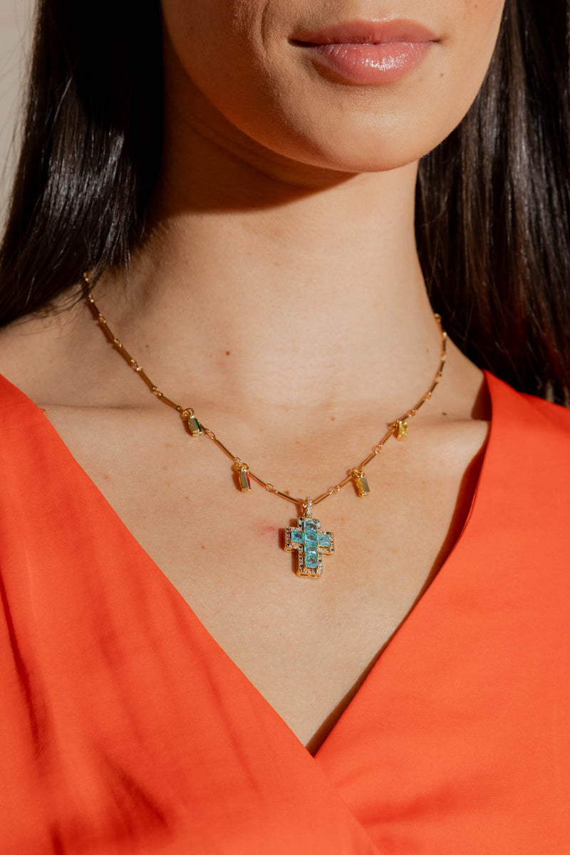 Gold Mini Cross Necklace - Blue