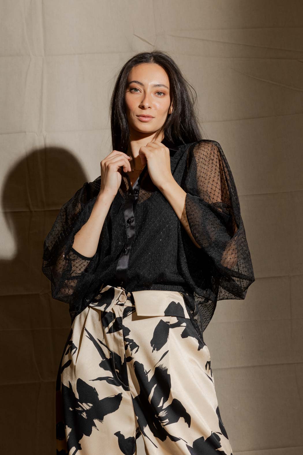 Black Sequin Balloon Sleeve Shirt