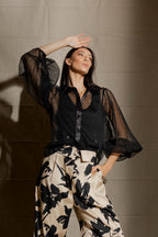 Black Sequin Balloon Sleeve Shirt