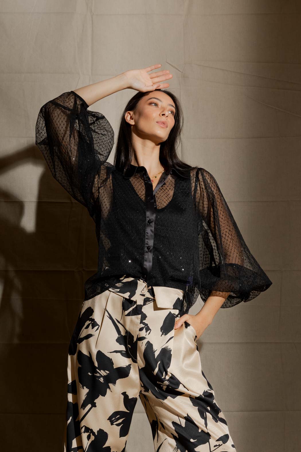 Black Sequin Balloon Sleeve Shirt