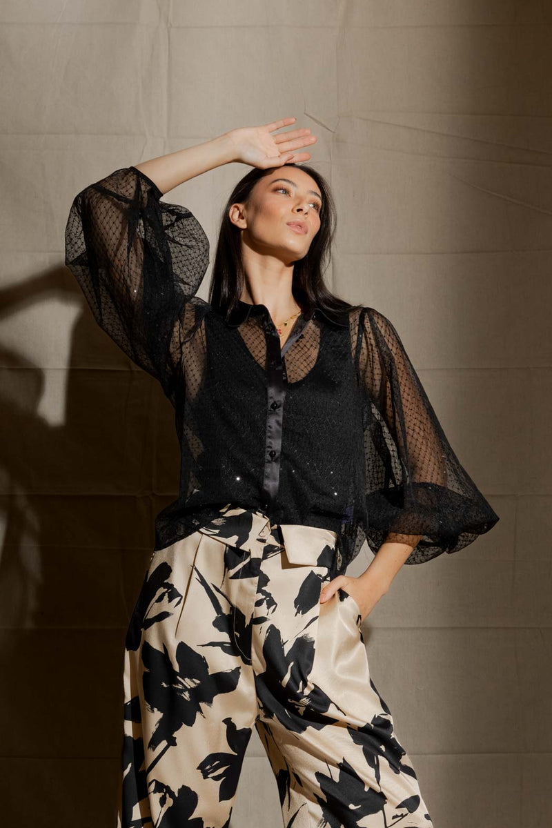 Black Sequin Balloon Sleeve Shirt