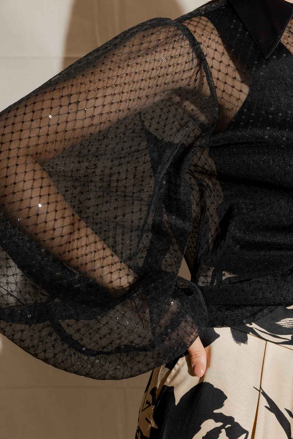 Black Sequin Balloon Sleeve Shirt