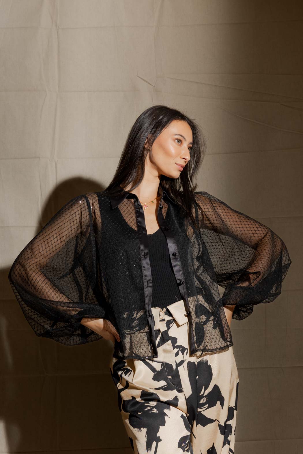 Black Sequin Balloon Sleeve Shirt