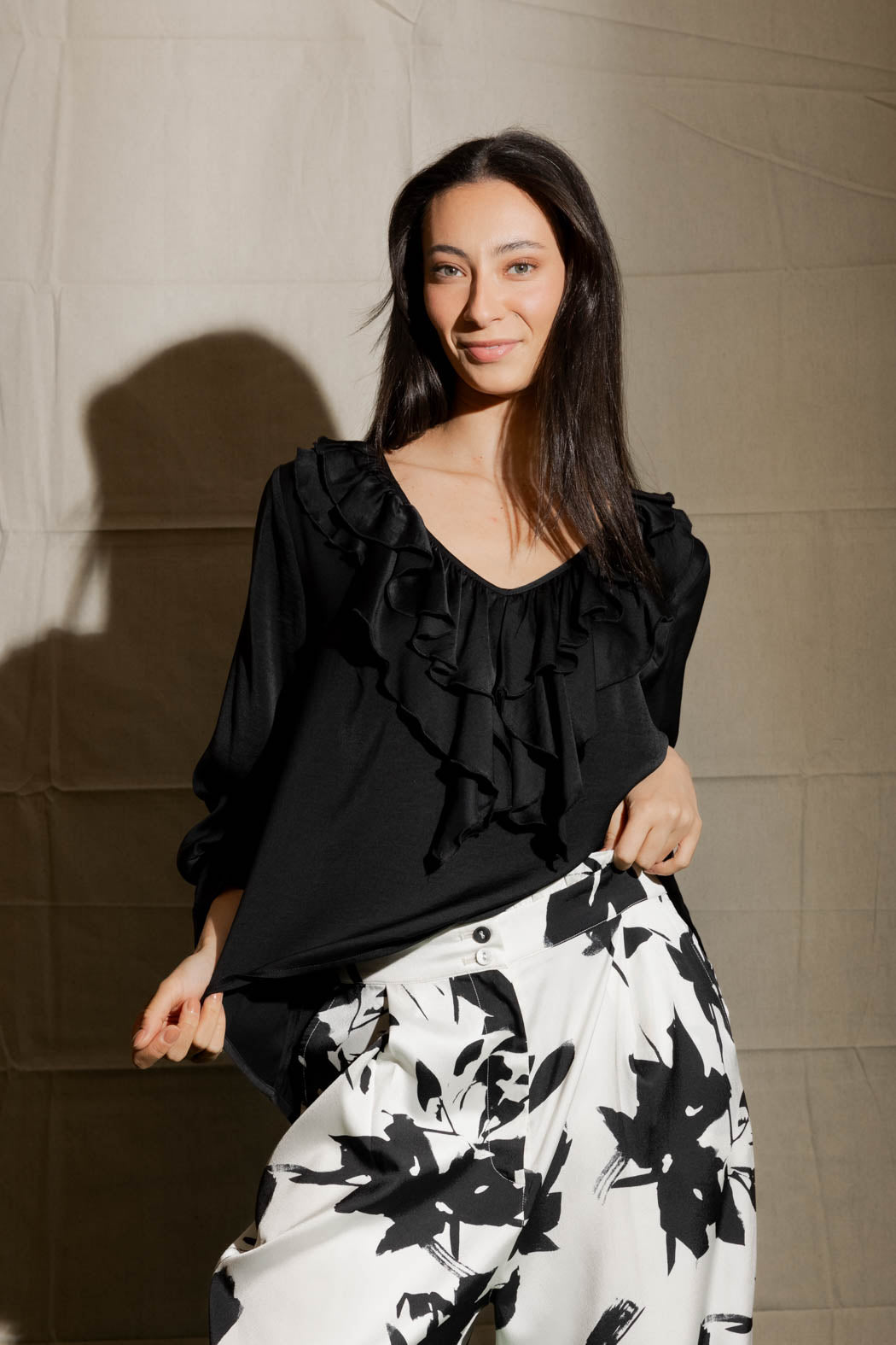 Black Silky Frilly Blouse
