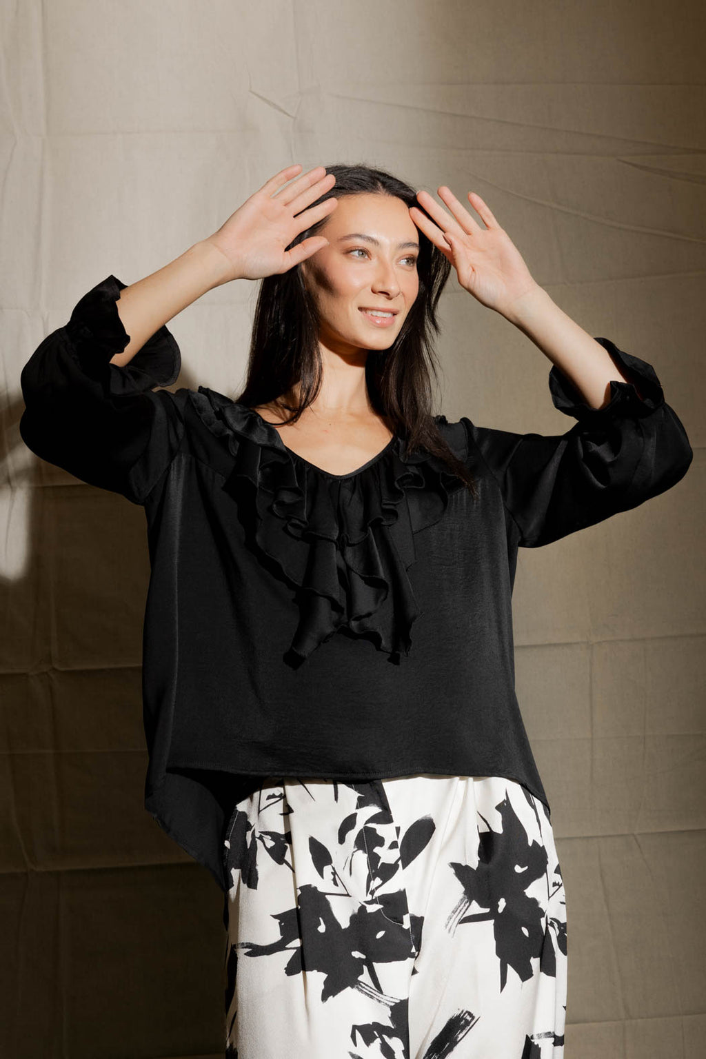 Black Silky Frilly Blouse