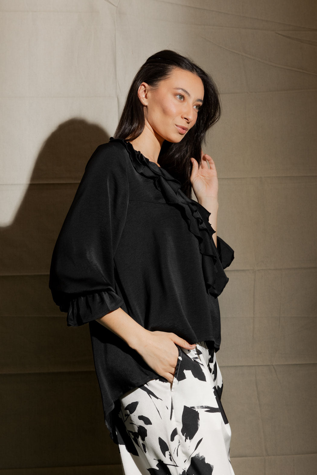 Black Silky Frilly Blouse