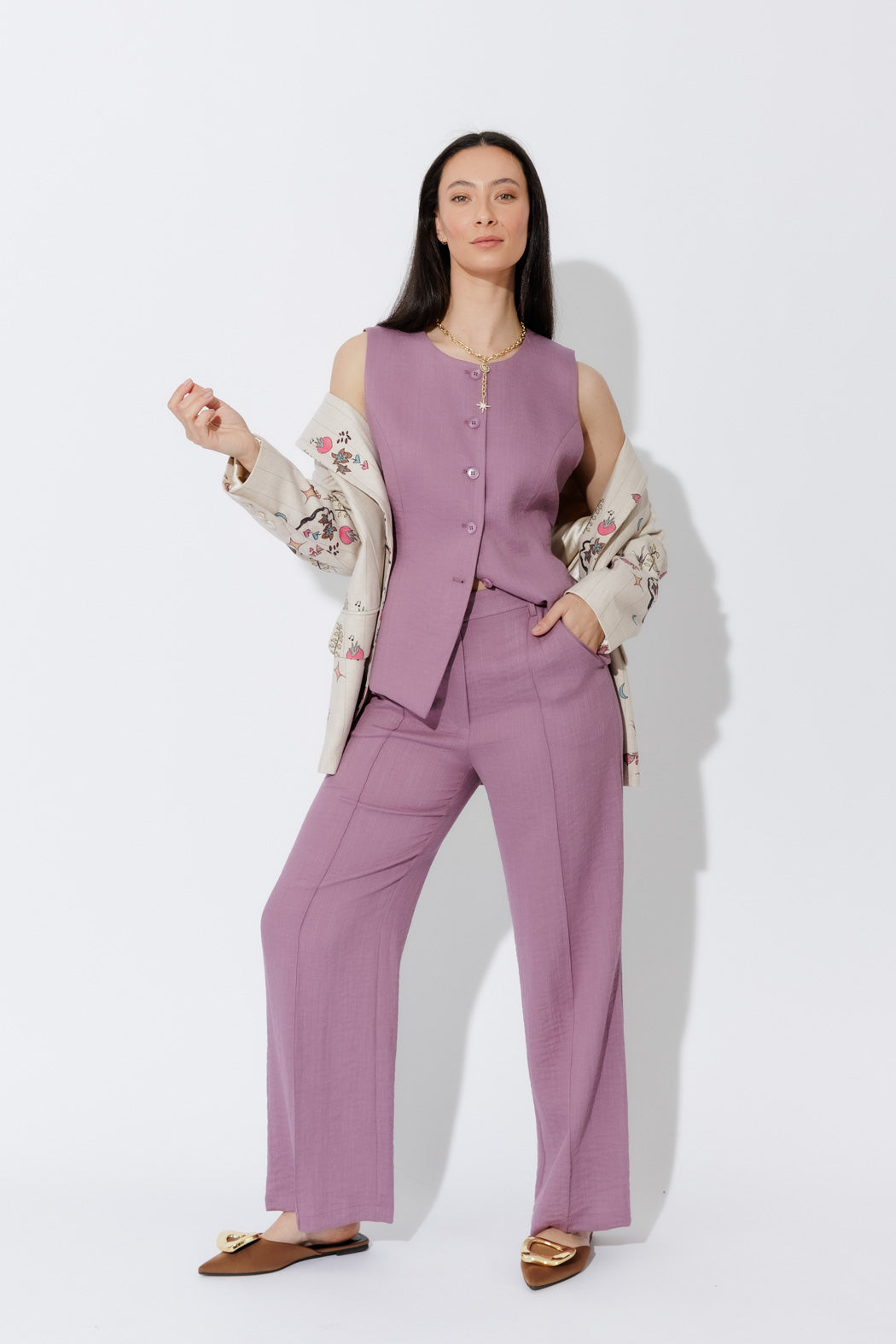 Mauve Berry Lyocell Vest with effortless single-breasted tailoring, styled with matching trousers
