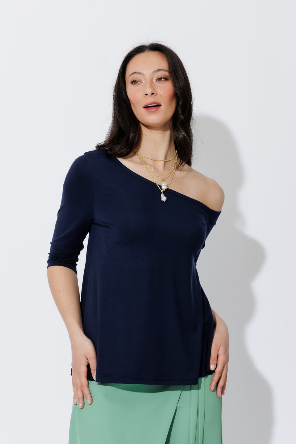 Navy Tencel One Shoulder Top