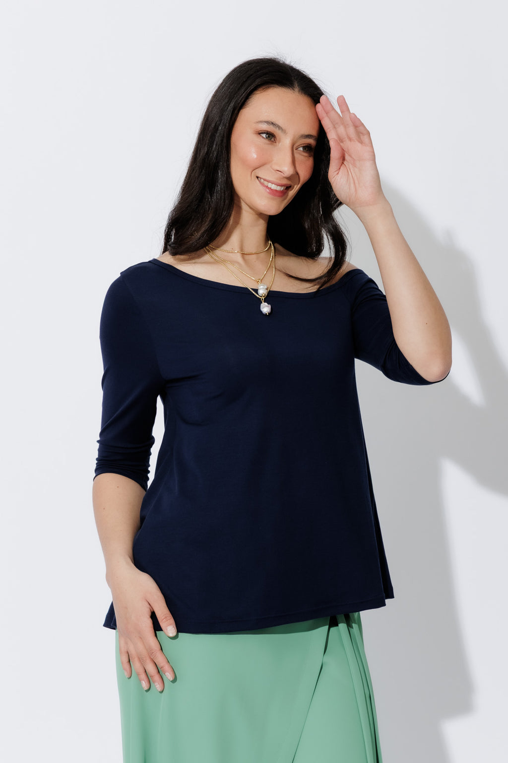 Navy Tencel One Shoulder Top