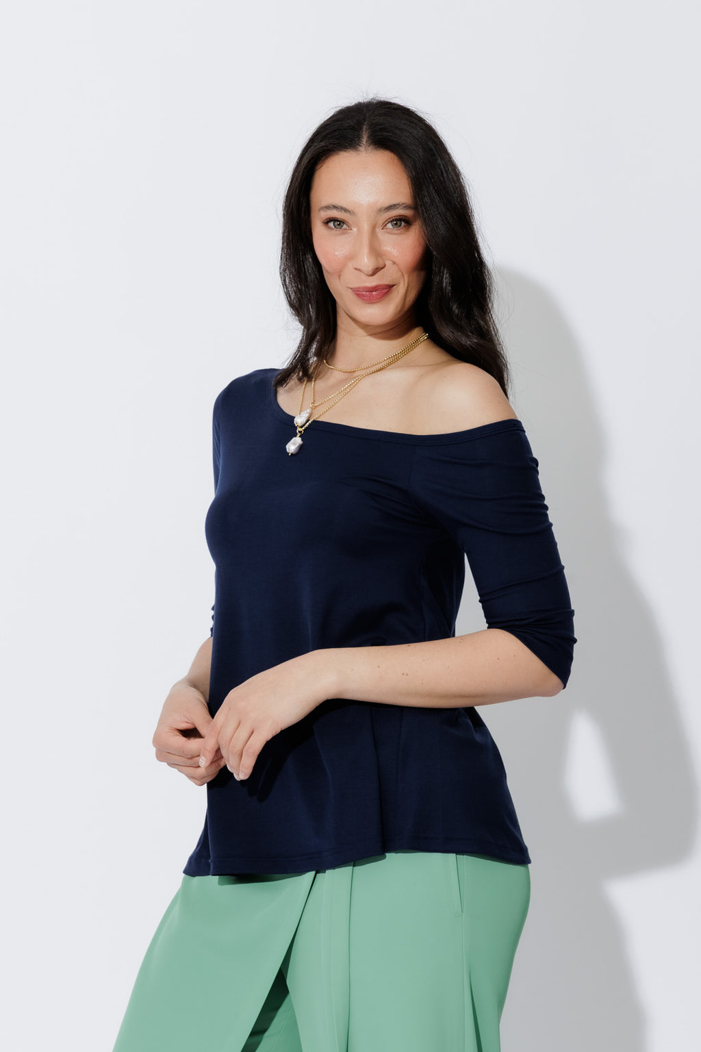 Navy Tencel One Shoulder Top