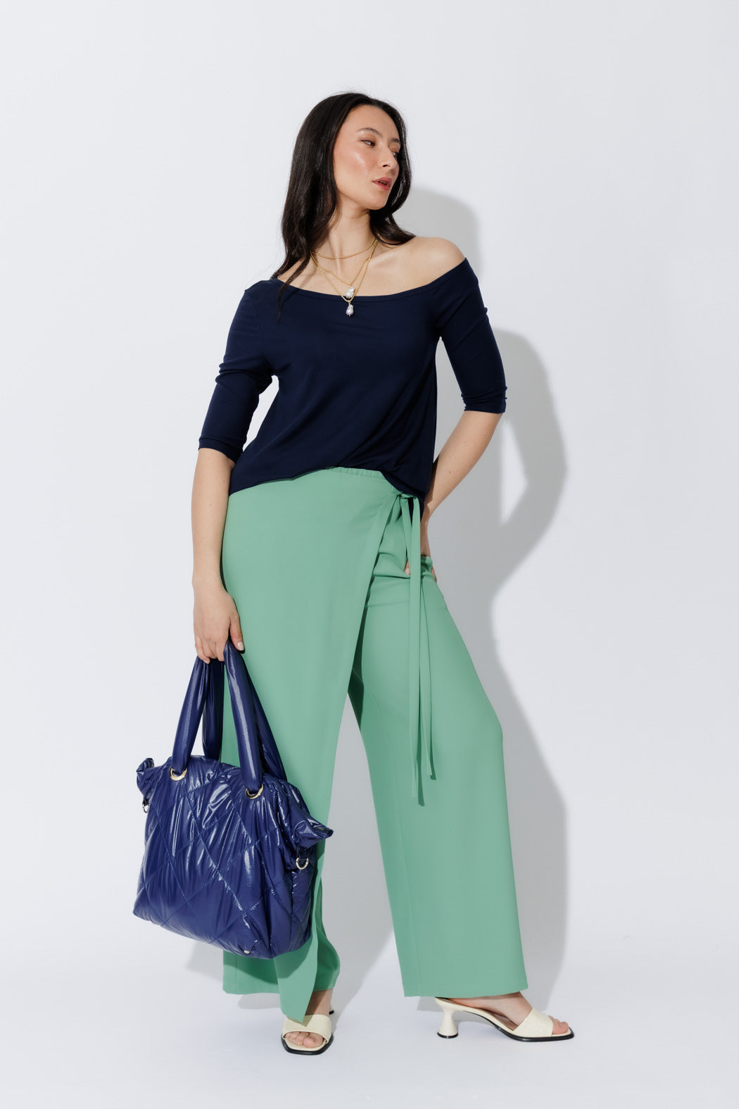 Navy Tencel One Shoulder Top