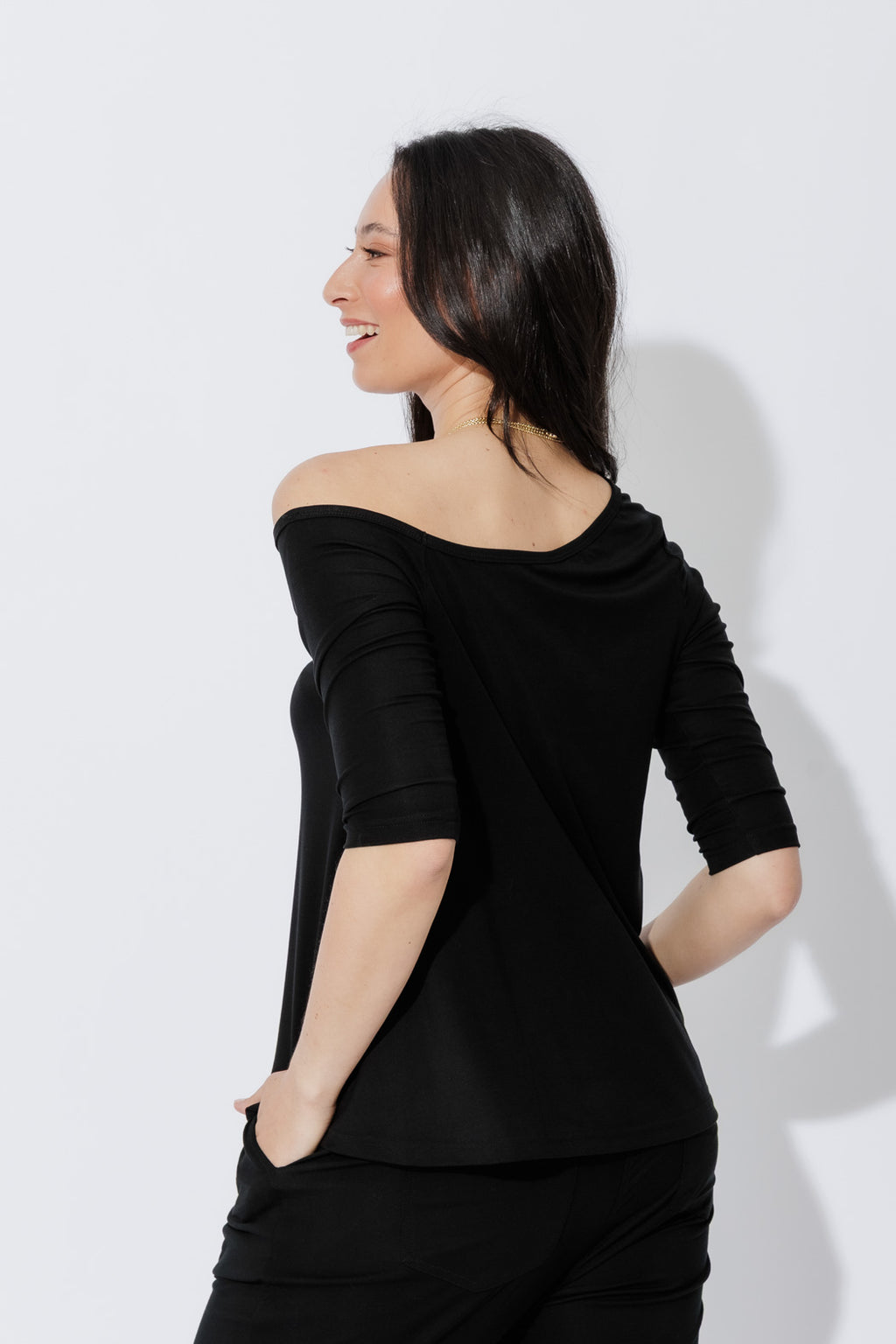 Black Tencel One Shoulder Top