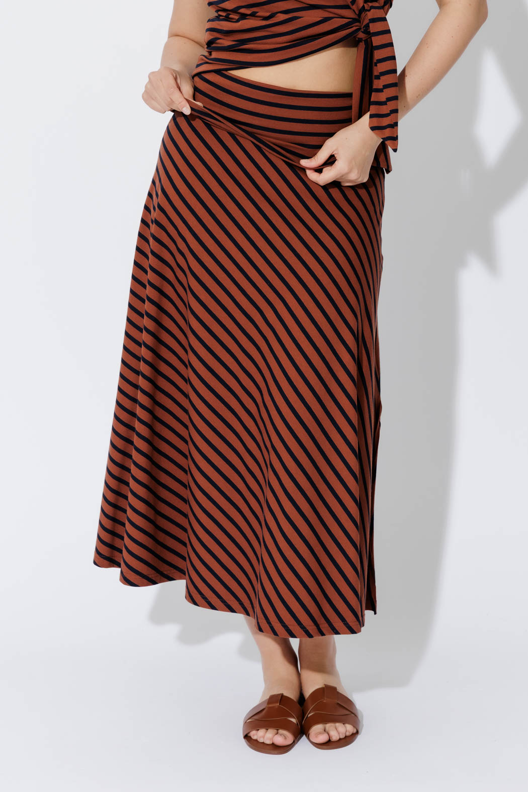 Tan/Navy Stripe Roll Top Skirt