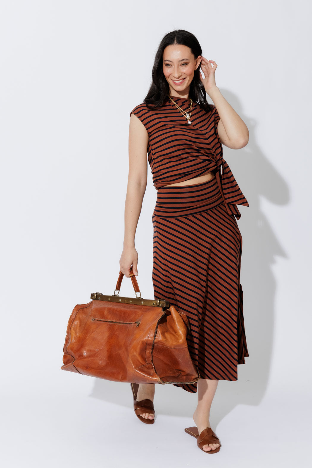 Tan/Navy Stripe Roll Top Skirt