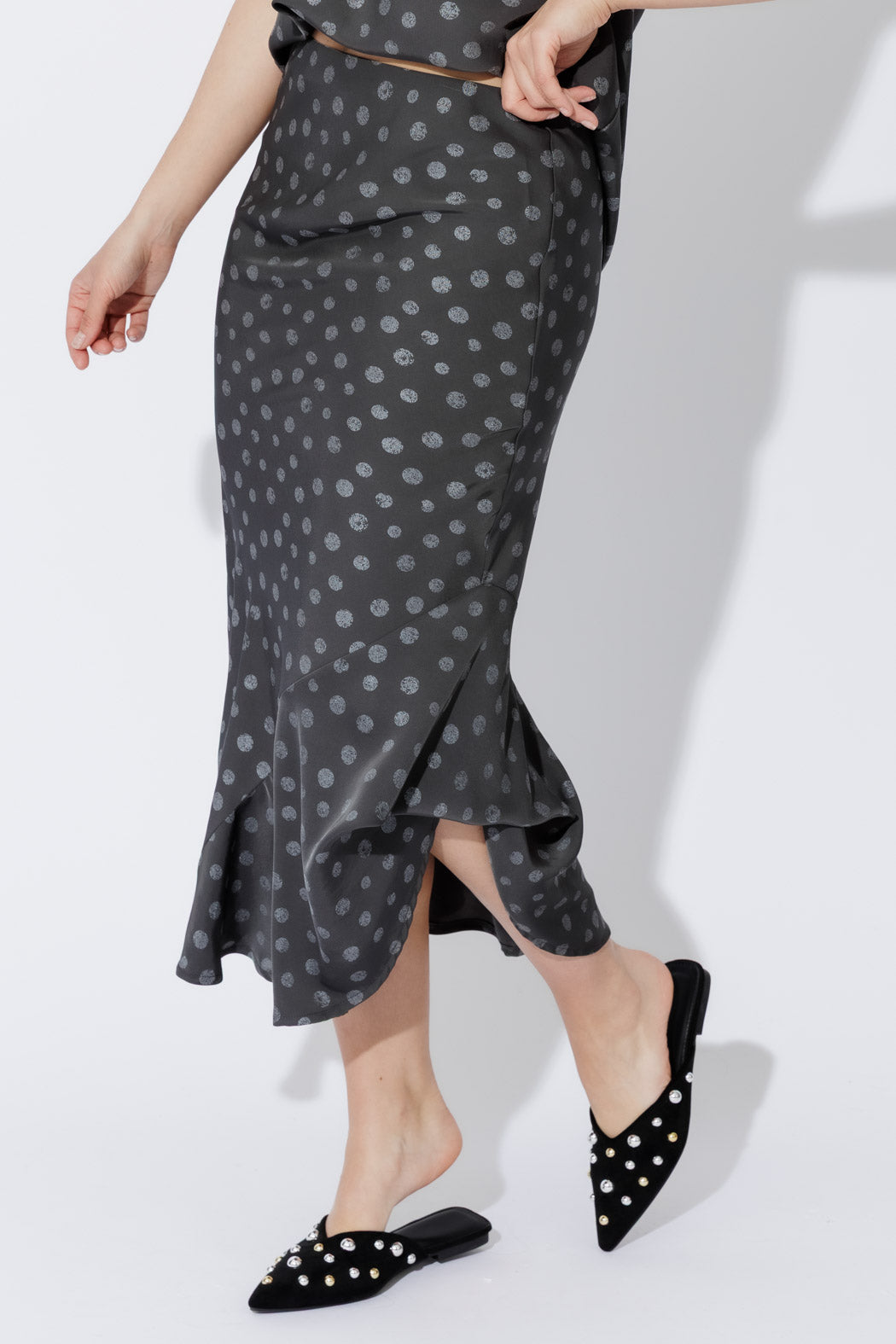 Grey Spot Bias Flounce Skirt