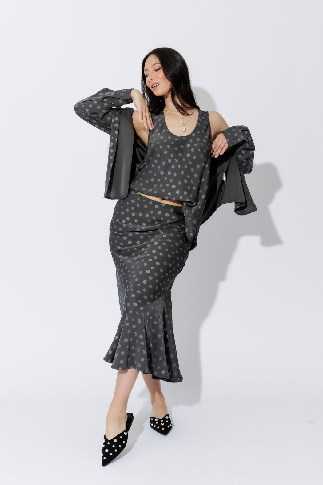 Grey Spot Bias Flounce Skirt