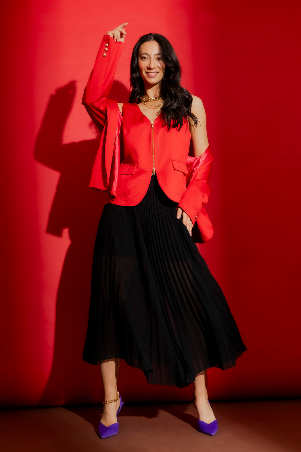Red Crushed Satin Zip Front Vest