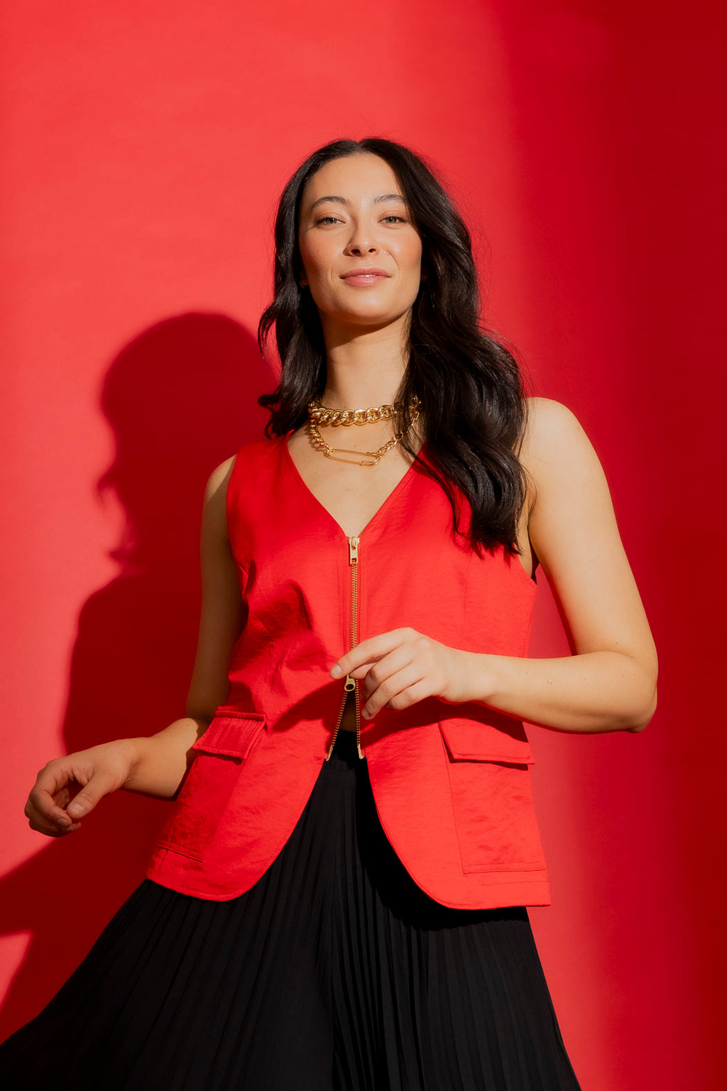 Red Crushed Satin Zip Front Vest