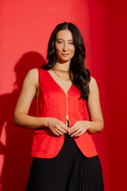 Red Crushed Satin Zip Front Vest