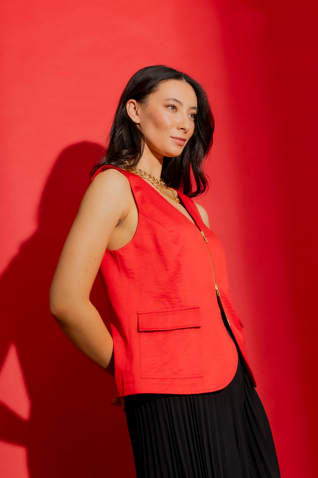 Red Crushed Satin Zip Front Vest