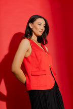 Red Crushed Satin Zip Front Vest