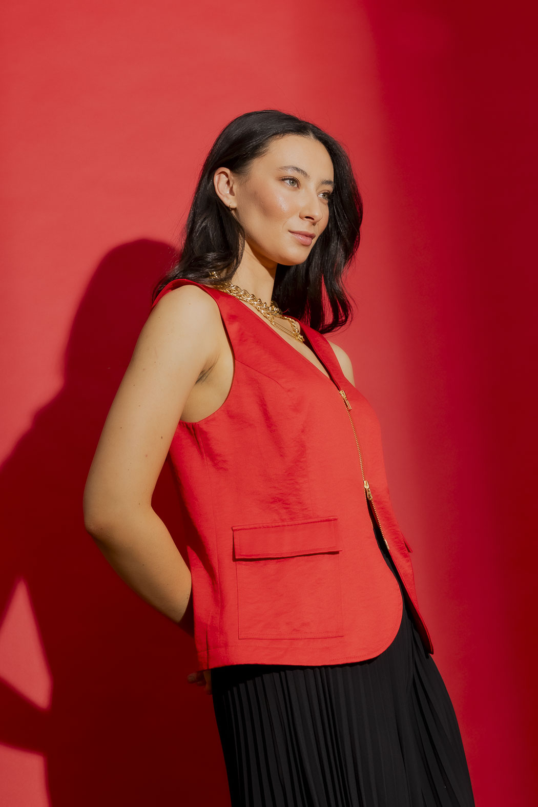 Red Crushed Satin Zip Front Vest