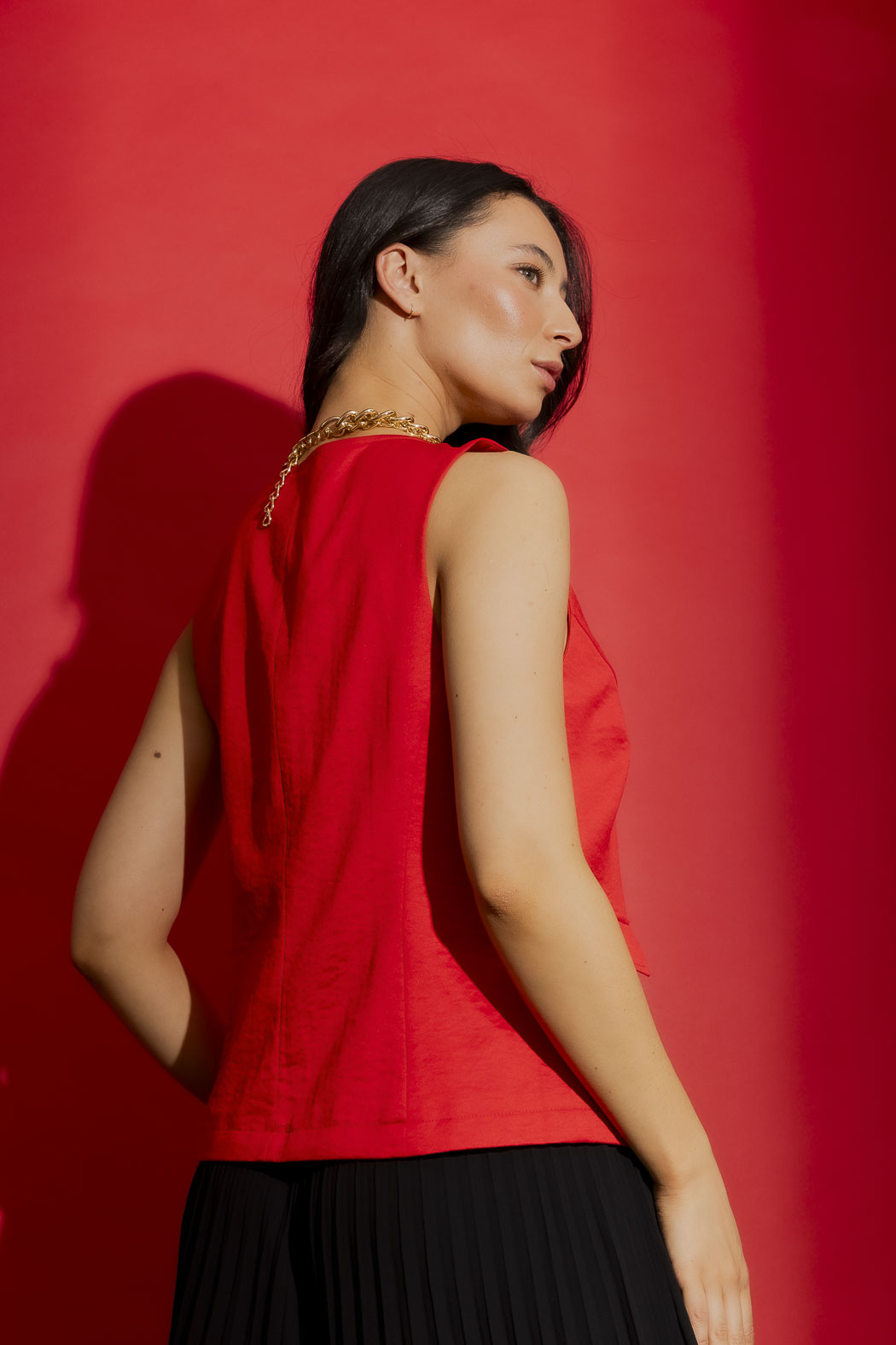Red Crushed Satin Zip Front Vest