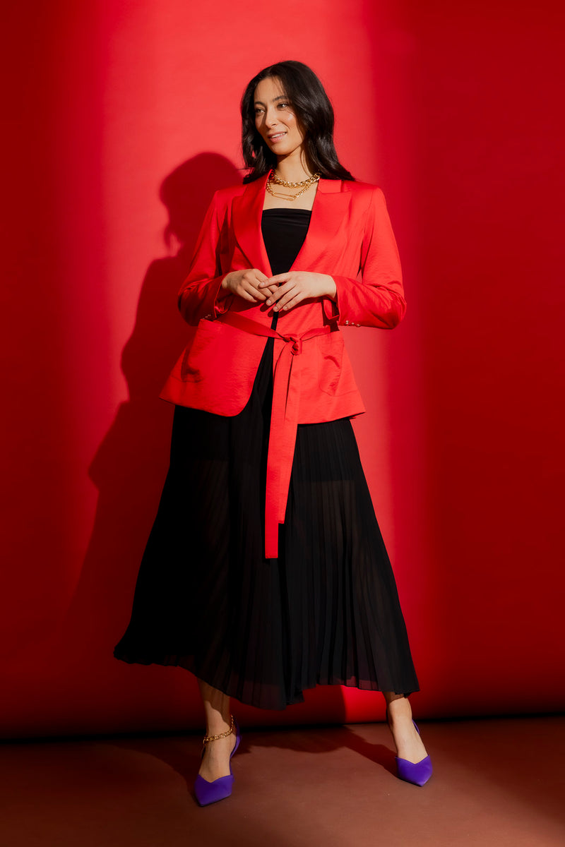 Red Crushed Satin Soft Belted Blazer