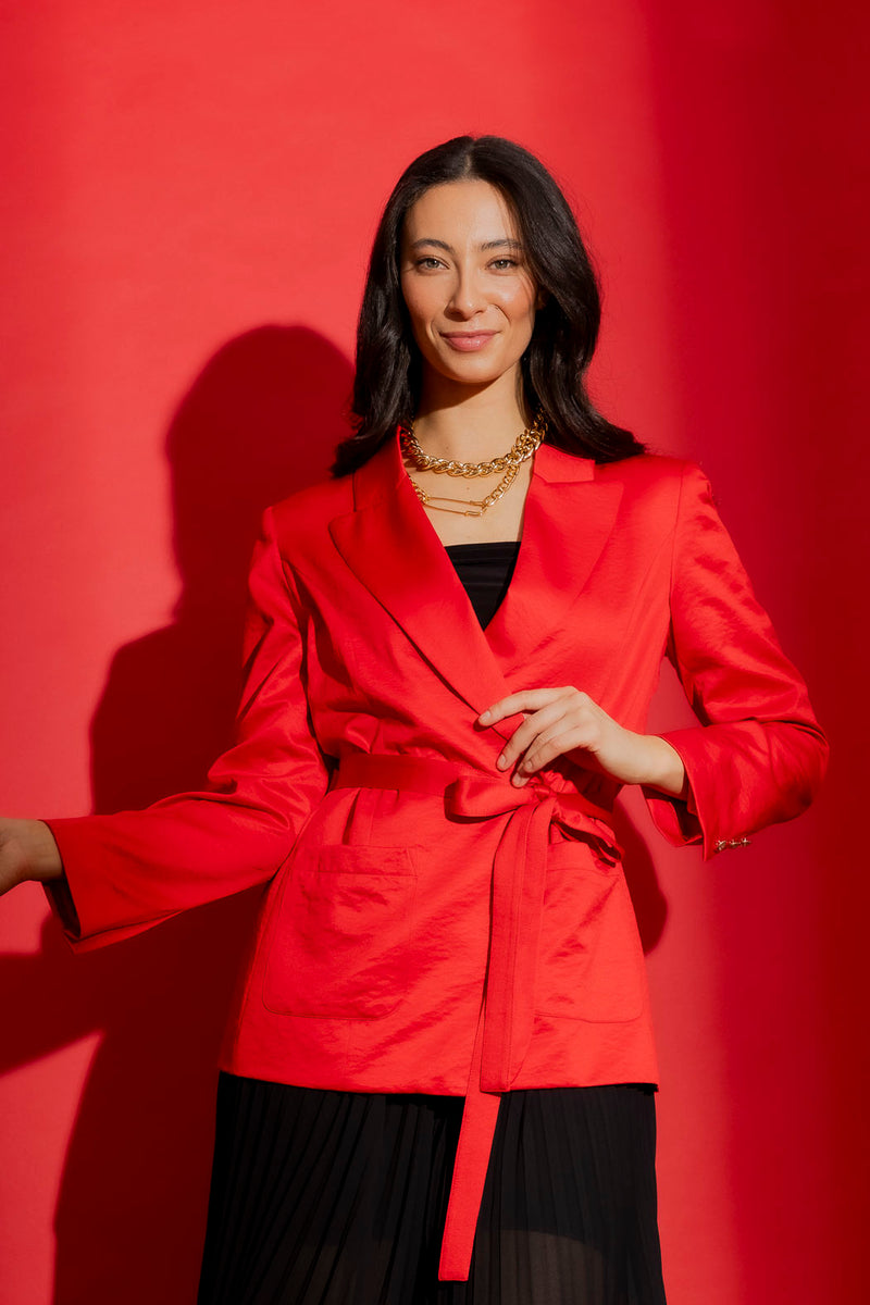 Red Crushed Satin Soft Belted Blazer