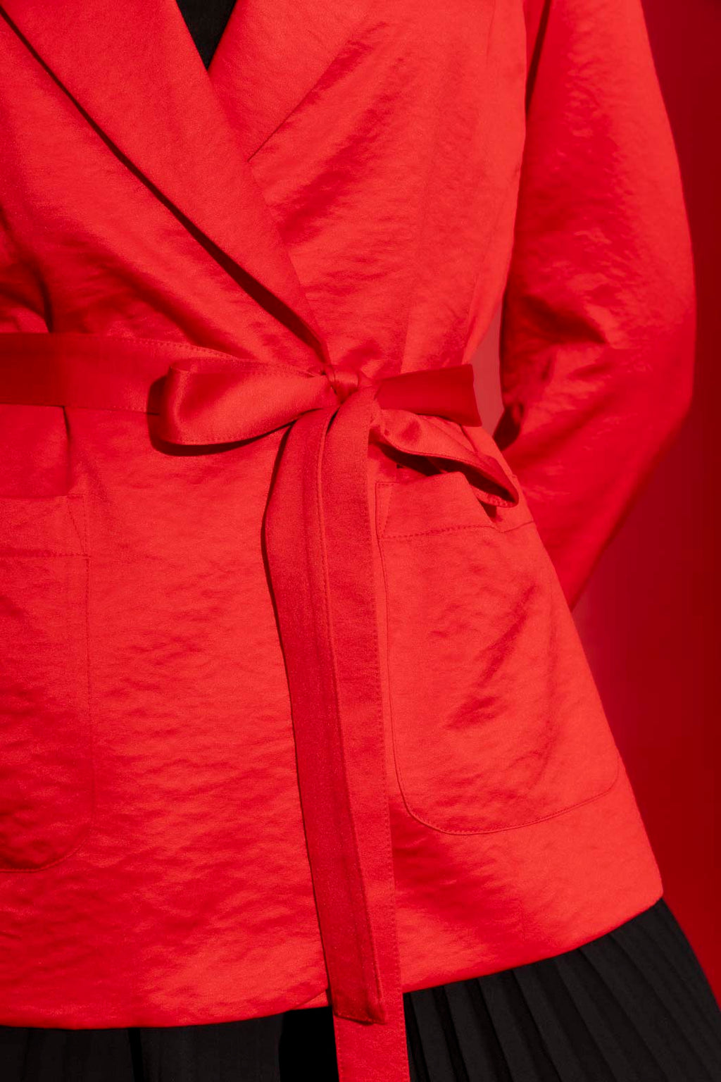 Red Crushed Satin Soft Belted Blazer