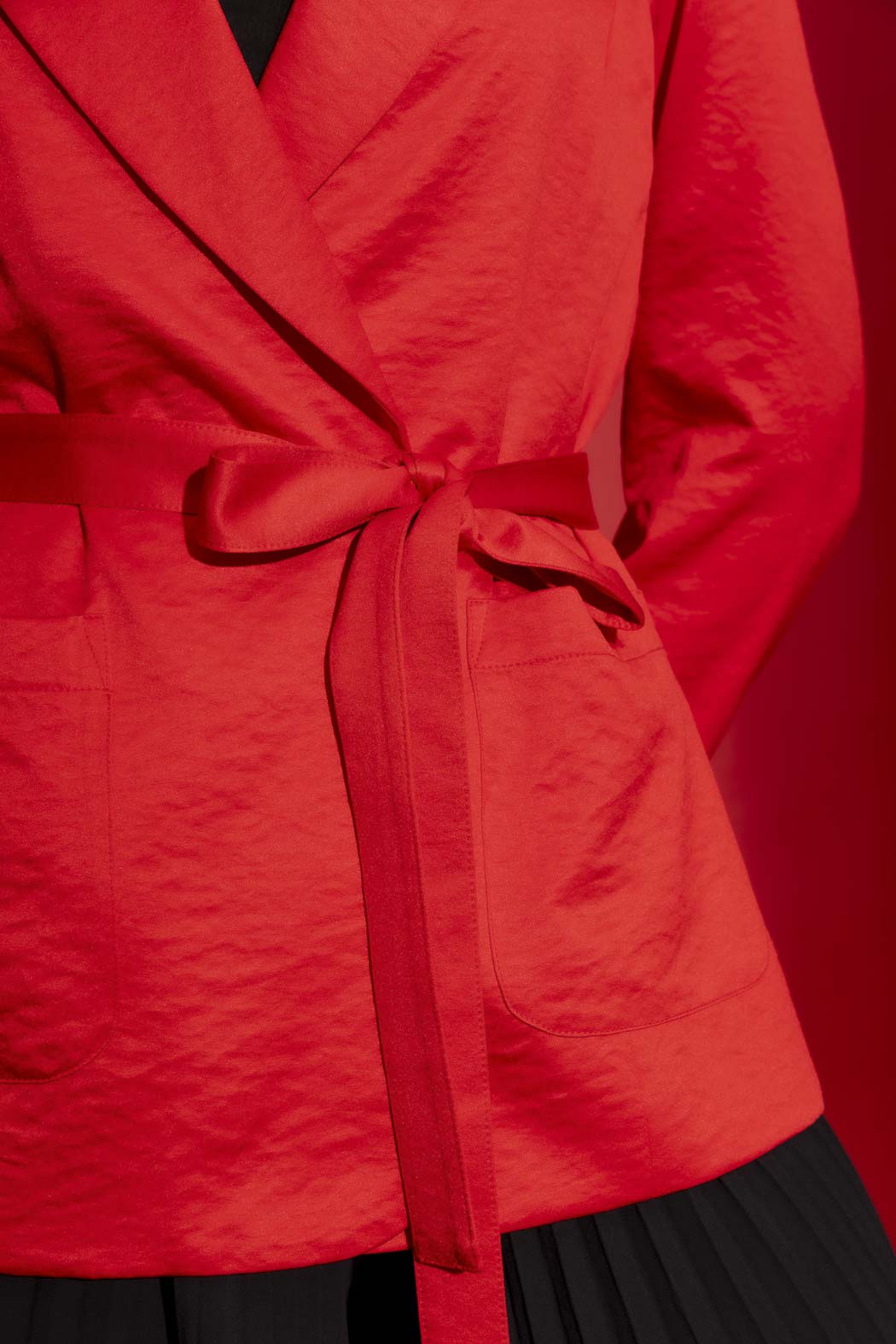Red Crushed Satin Soft Belted Blazer