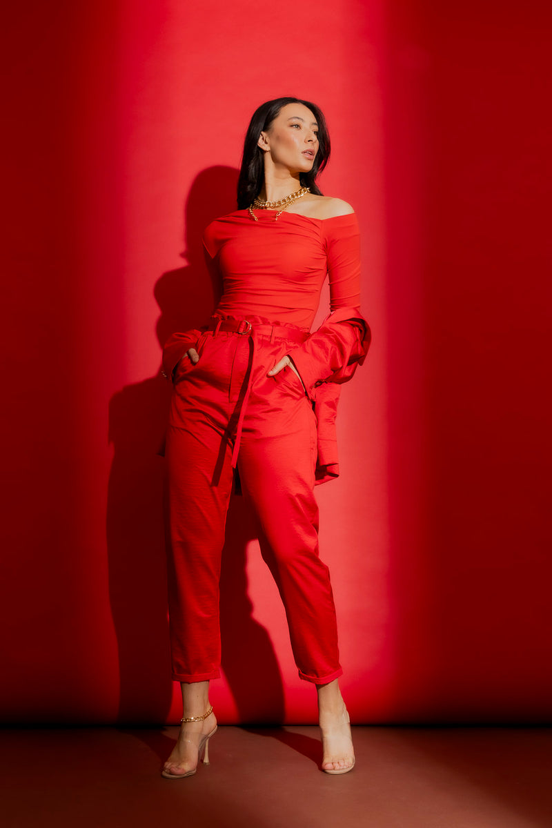 Red Crushed Satin Paperbag Pant