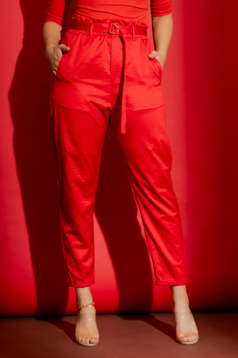 Red Crushed Satin Paperbag Pant