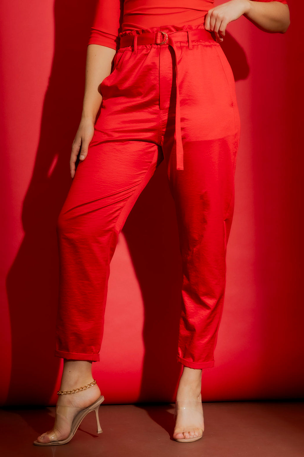Red Crushed Satin Paperbag Pant
