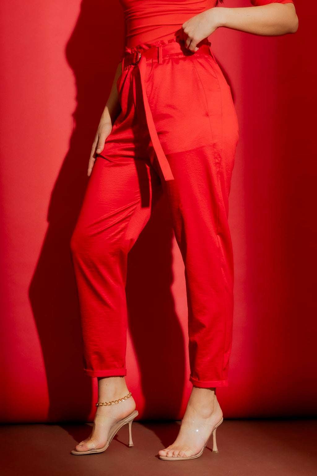 Red Crushed Satin Paperbag Pant