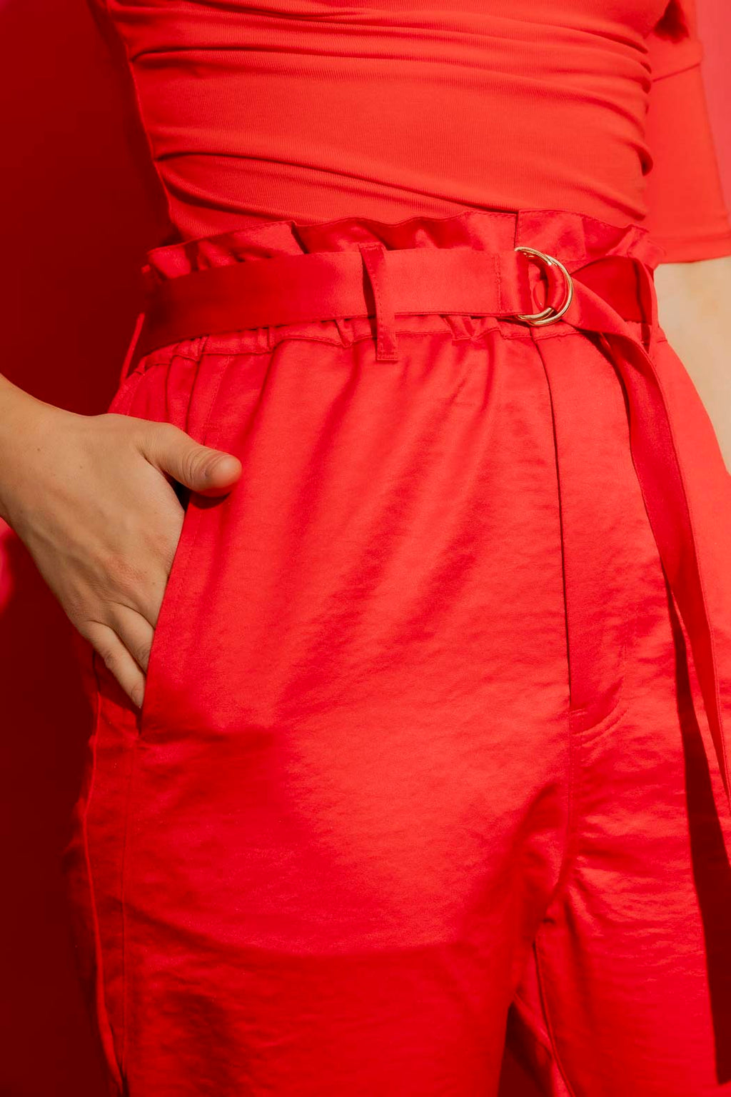 Red Crushed Satin Paperbag Pant