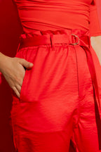 Red Crushed Satin Paperbag Pant