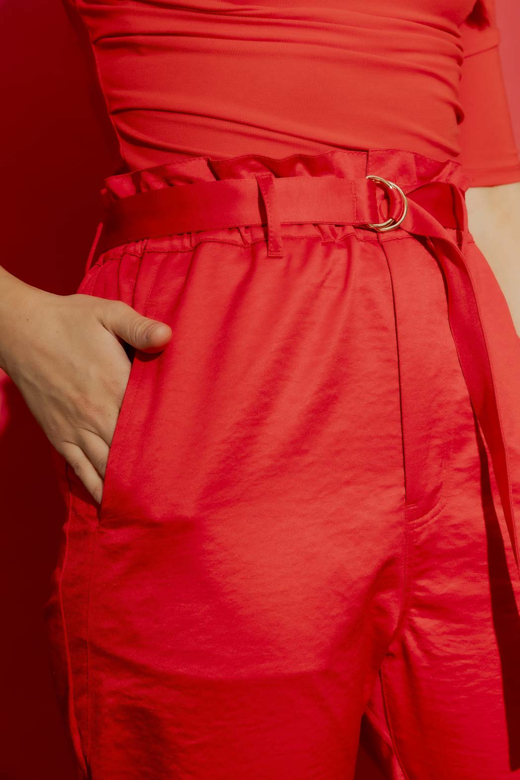 Red Crushed Satin Paperbag Pant