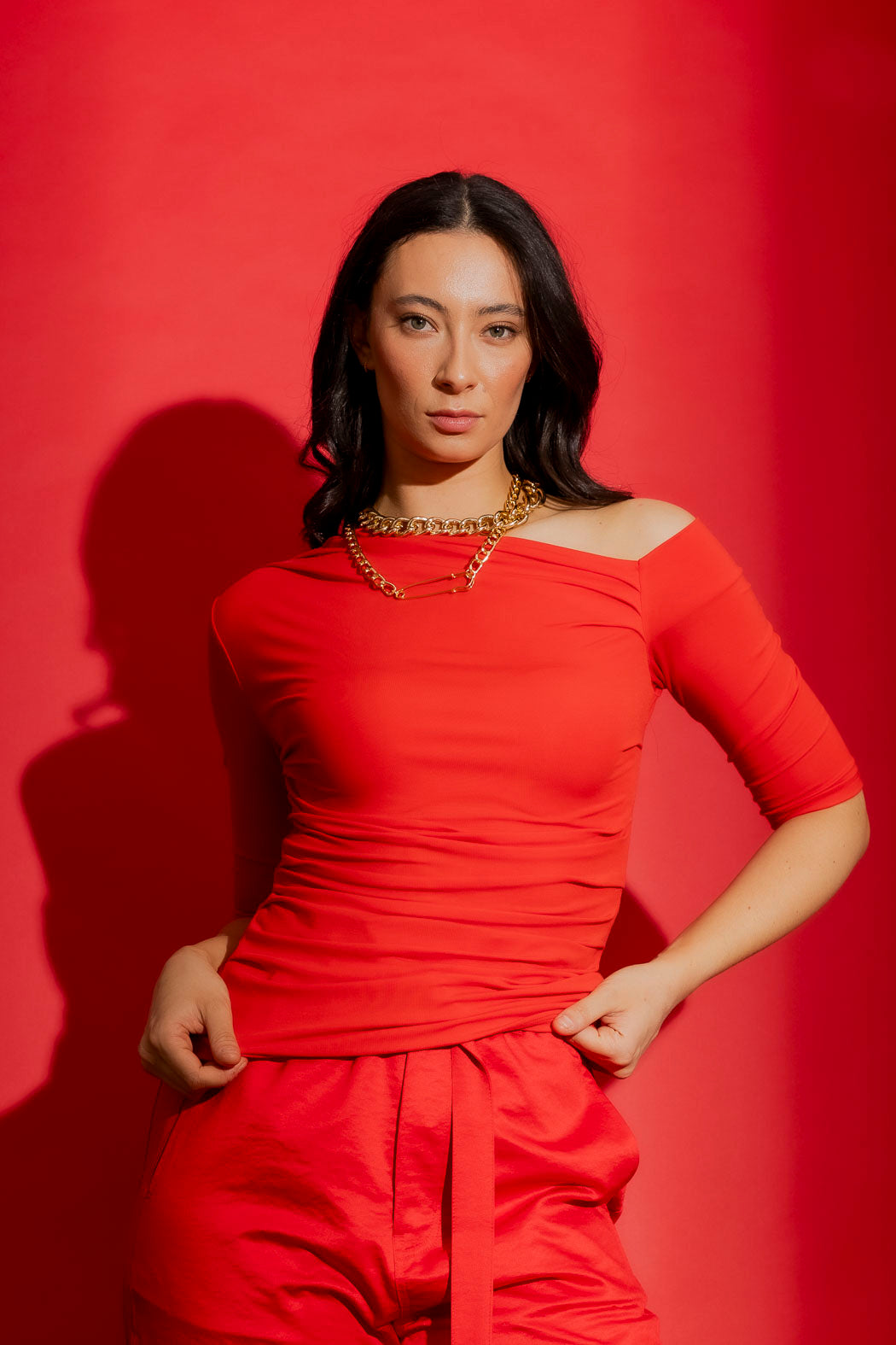 Red Tencel Drape Summer Top