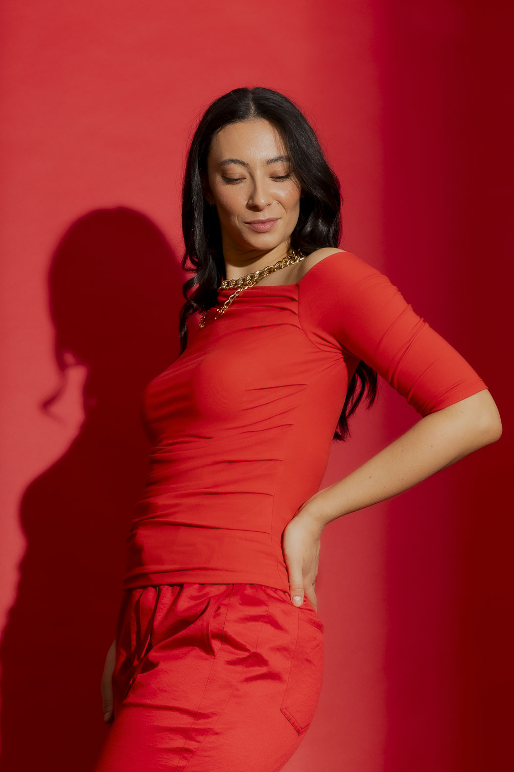 Red Tencel Drape Summer Top