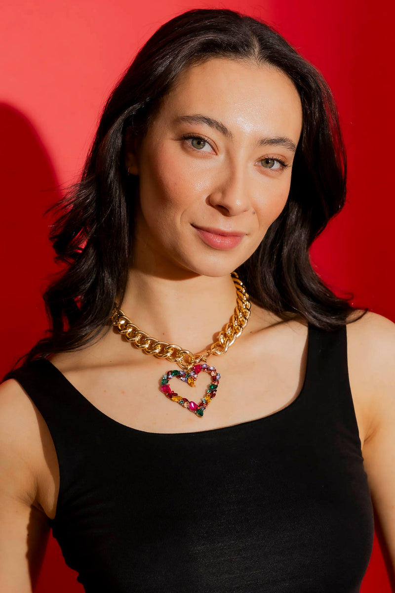 Gold Rhinestone Heart Necklace Gold O/S