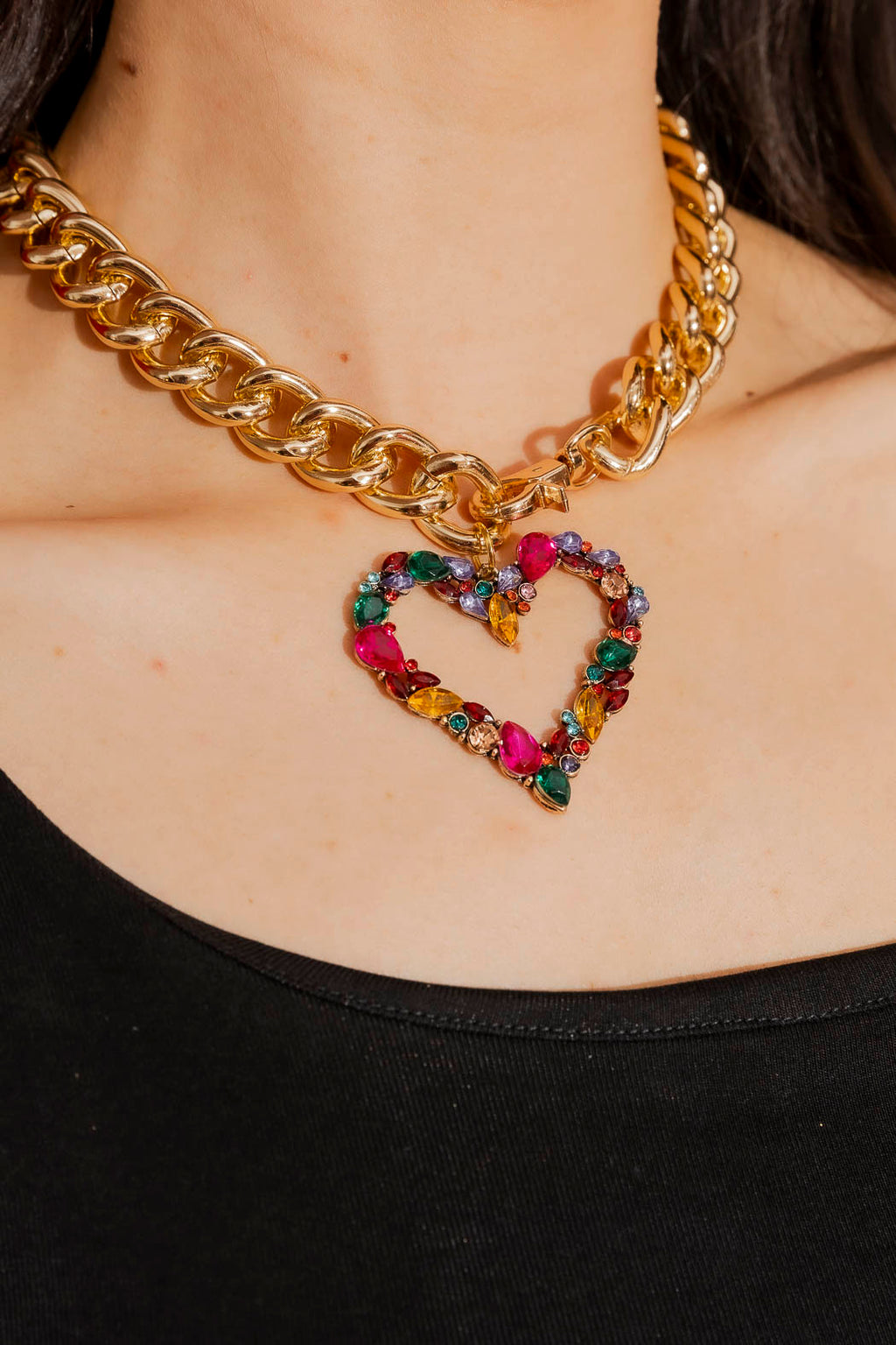 Gold Rhinestone Heart Necklace Gold O/S