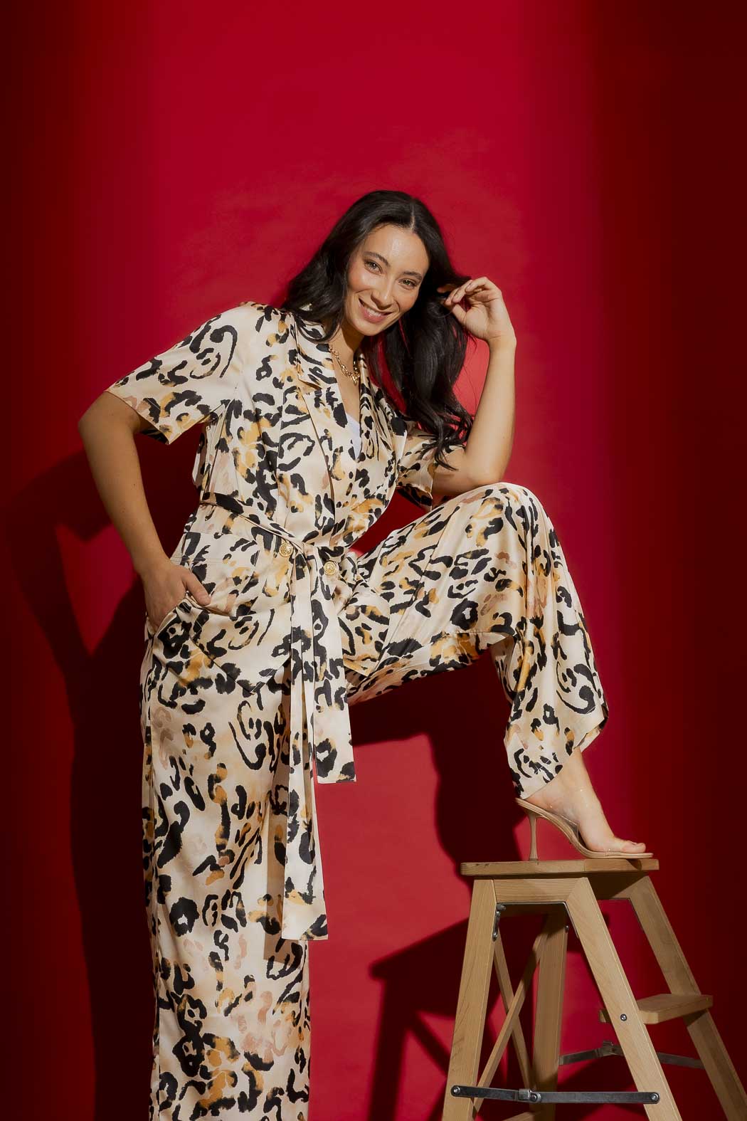 Beige Animal Silky Resort Trench Beige Animal