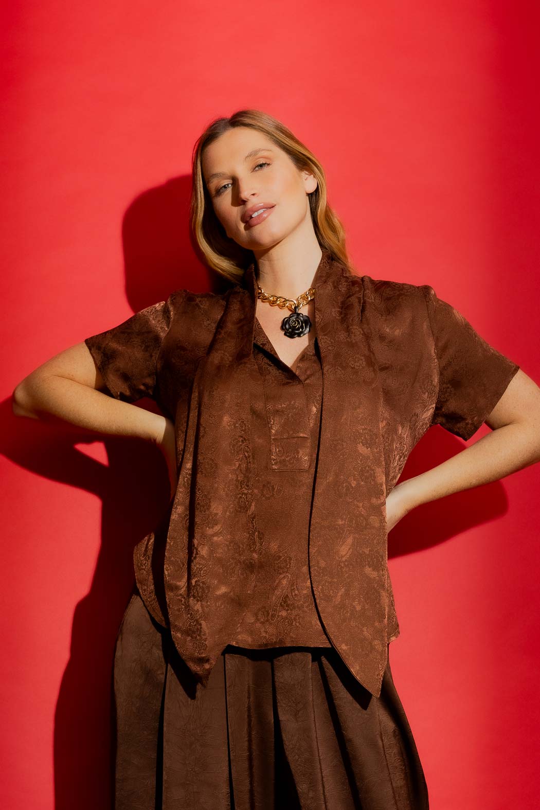 Chocolate Tie Collar Cap Sleeve Top