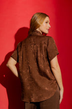 Chocolate Tie Collar Cap Sleeve Top