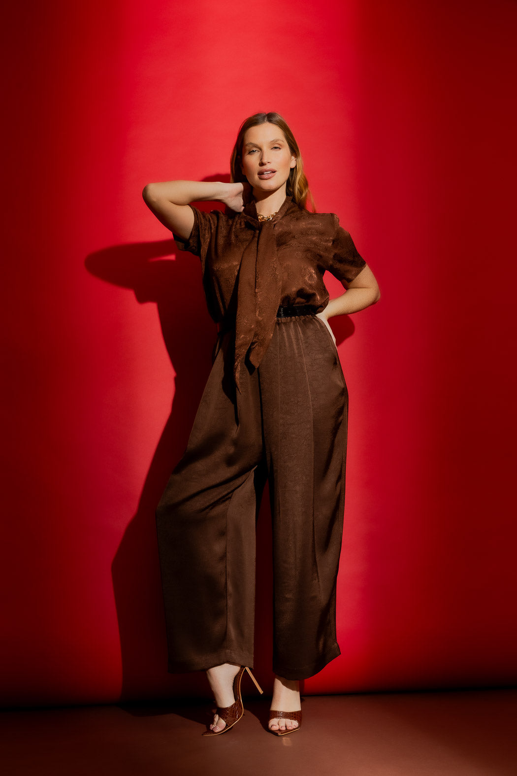 Chocolate Tie Collar Cap Sleeve Top