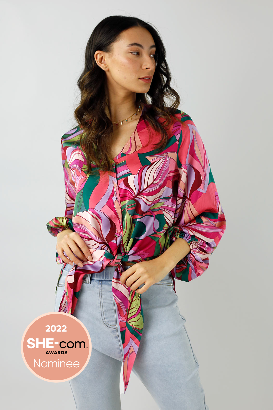 Pink Leaf Silky Zhoush Shirt - FINAL SALE