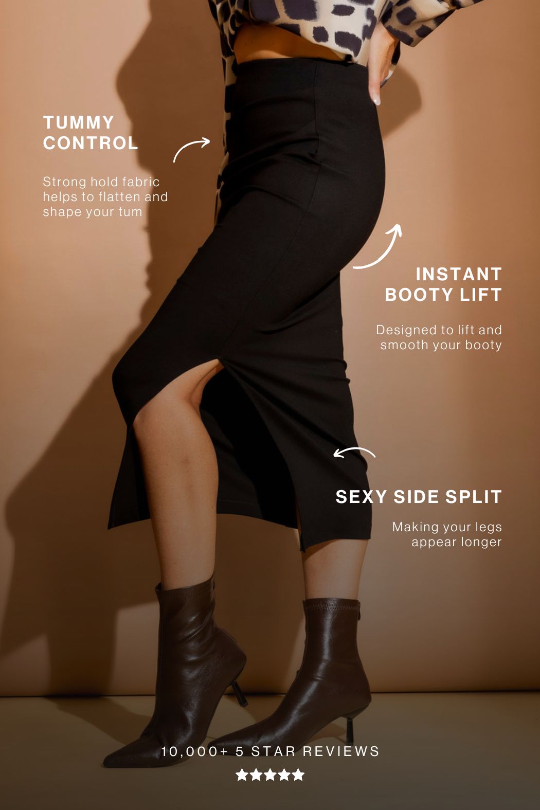 Black Ponte Ruched Miracle Skirt, an effortless sculpted side view with a side split and heeled boots.