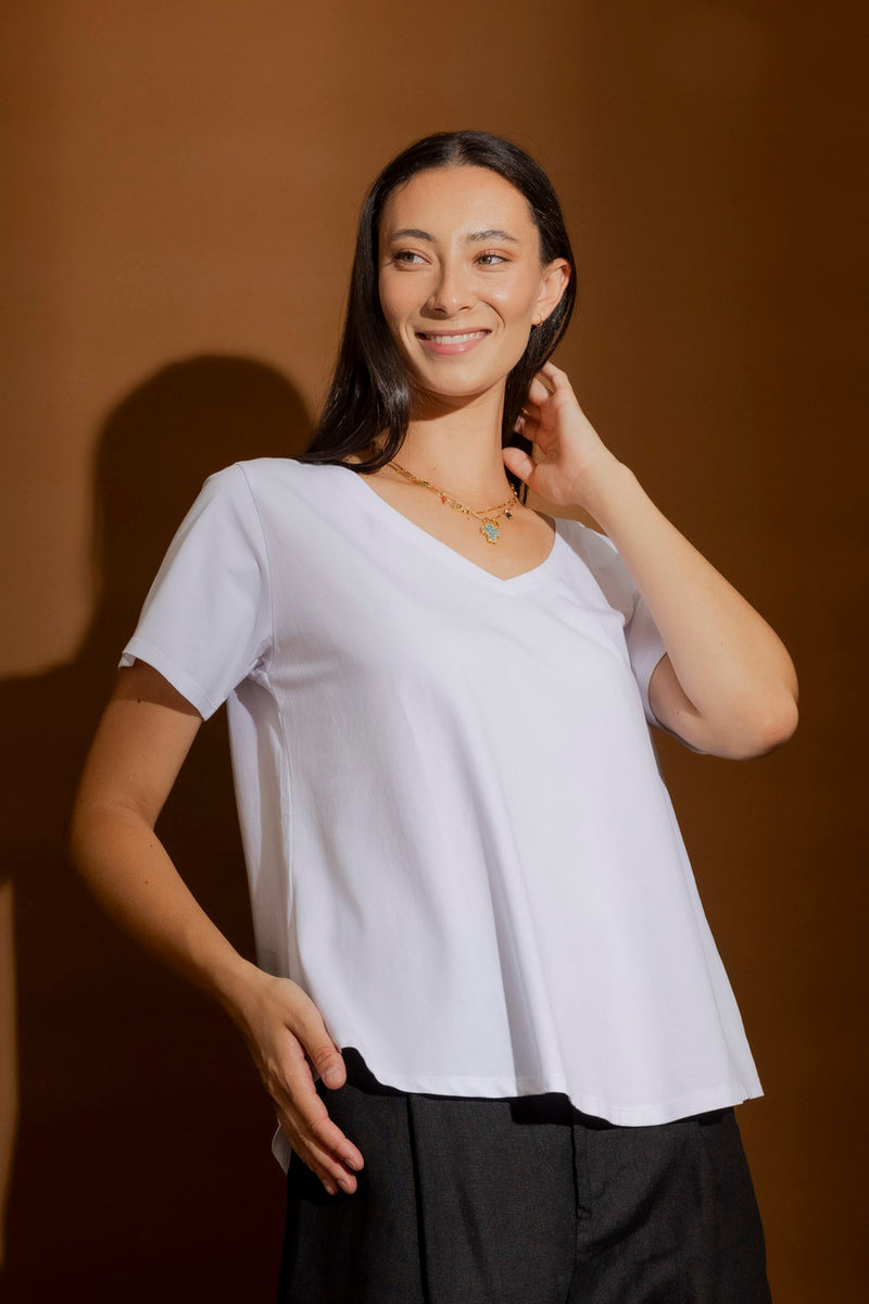 V Neck Crisp White Plain Tee
